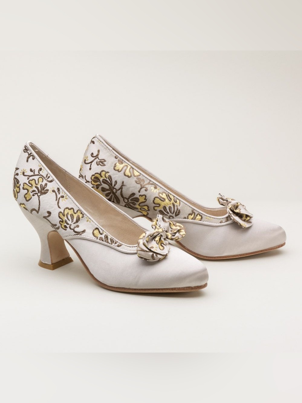 American Duchess Embroidered Cream Satin Bow Pumps with Gold Accents